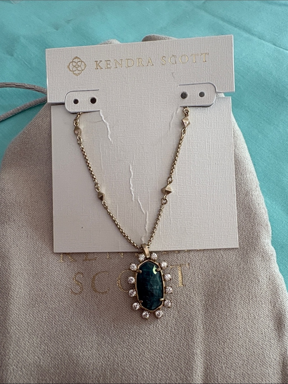Nwt Kendra Scott Necklace Gold with Teal blue stone, cubic zirconia stones - Picture 3 of 5